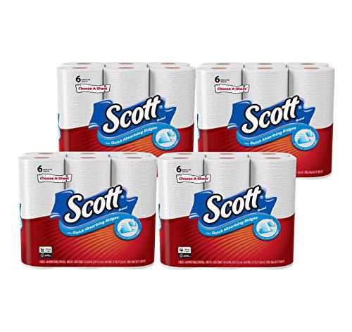 scott choose-a-sheet regular roll paper towels, 6 count (pack of 4) white, quick absorbing ridges for easy cleanup