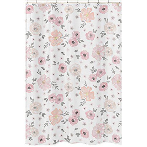 sweet jojo designs blush pink, grey and white bathroom fabric bath shower curtain for watercolor floral collection