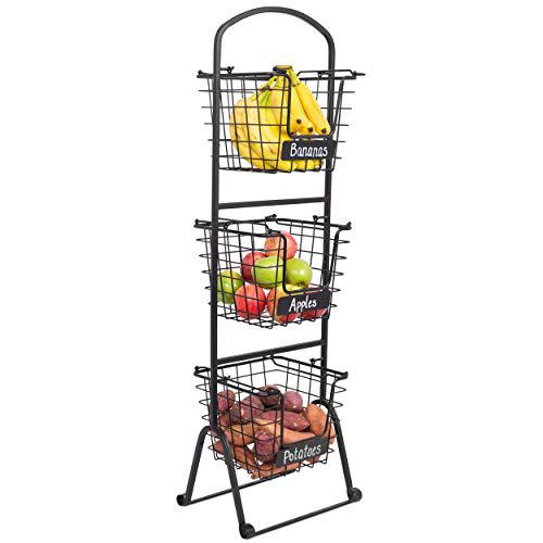 birdrock home 3-tier wire market basket stand with chalk label - snack fruit vegetable produce metal hanging storage bin for ki