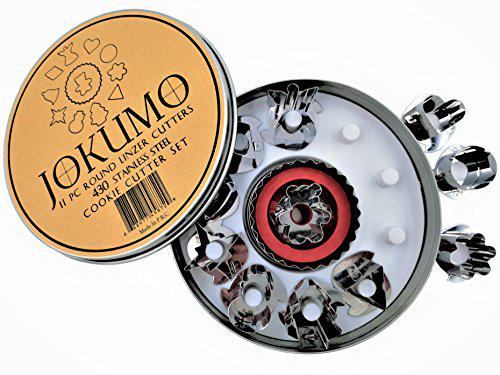 jokumo 11 piece round linzer cookie cutter set - high grade 430 stainless steel - with storage tin