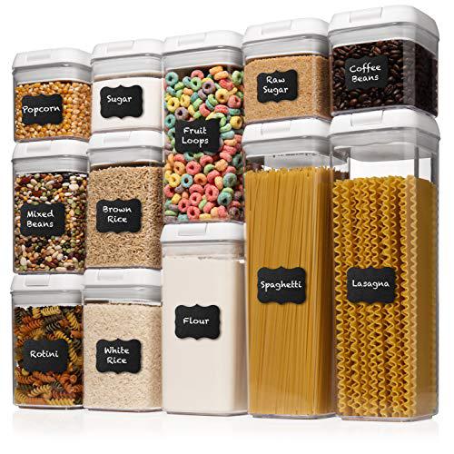 shazo airtight container set for food storage - 12 pc set + 14 measuring spoons + 18 labels & marker - strong heavy duty plasti