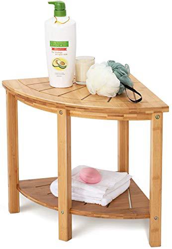 oasisspace corner shower stool, bamboo shower bench with storage shelf, wooden spa bath organizer seat, perfect for indoor or o