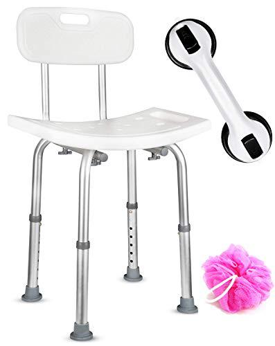 dr. maya adjustable bath and shower chair with back - free suction assist grab bar - anti-slip bench bathtub stool seat for bat