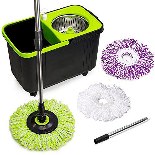 simpli-magic 79117 stainless steel spin mop with 3 microfiber mop head refills, 4 wheels, soap dispenser and extendable pole