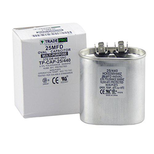 TradePro 25 mfd capacitor, industrial grade replacement for central air-conditioners, heat pumps, condenser fan motors, and compressors.