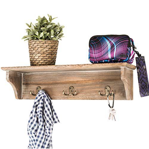 Excello Global Products handcrafted rustic wooded wall mounted hanging entryway shelf, 6 hooks. 24"x6" use as coat rack, hat organizer, key holder. per