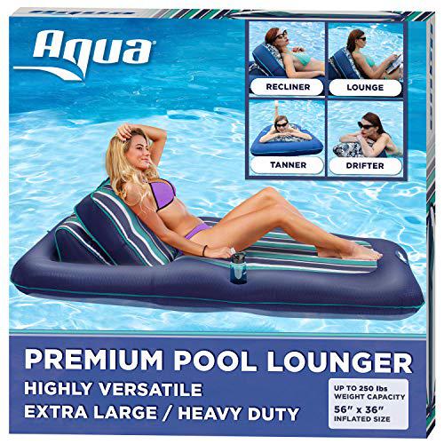 aqua premium convertible pool lounger, inflatable pool float, heavy duty, x-large, 74" - 90", navy/green/white stripe