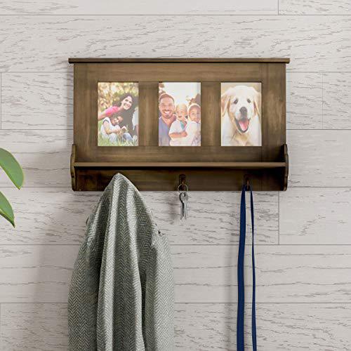 lavish home wall shelf collage with ledge and 3 hanging hooks-photo frame decor shelving with rustic wood look, holds 4x6 pictu