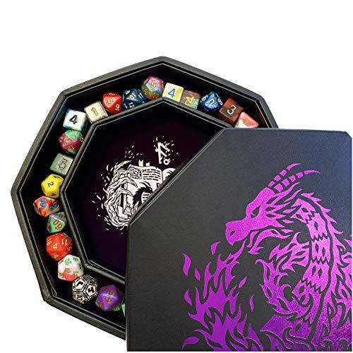 fantasydice- purple - fire dragon - dice tray - 8" octagon with lid and dice staging area- holds 5 sets of dice(7 / standard) f