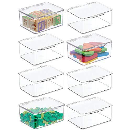 mdesign plastic stacking organizer toy box with attached lid for storage of action figures, crayons, markers, building blocks,