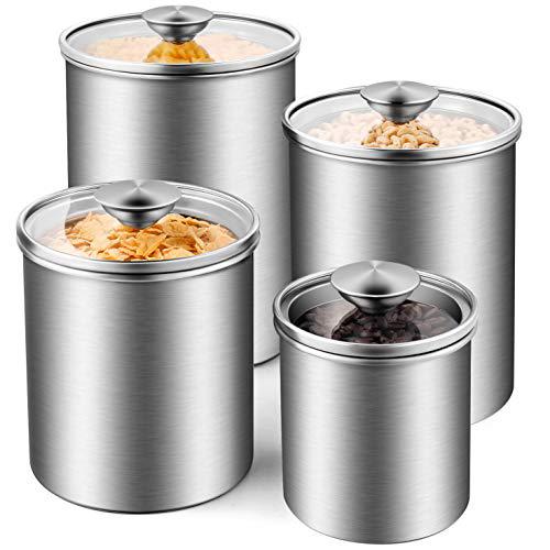 deppon airtight canister set, 4-piece stainless steel food storage container with tempered glass lids for kitchen counter coffe