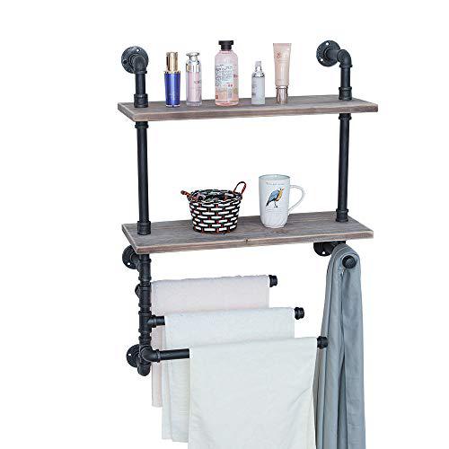 GWH industrial towel rack with 3 towel bar,24in rustic bathroom shelves wall mounted,2 tiered farmhouse black pipe shelving wood sh