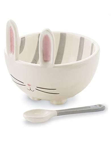 Mud Pie bunny dip bowl - candy bowl with coordinating ceramic spoon - white with gray stripes