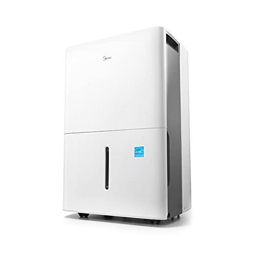 midea mad70c1yws dehumidifier 70 pint with reusable filter, ideal for basements, bedroom, bathroom, with bucket of 1.6 gallon,