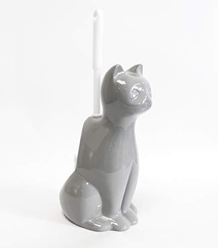 Splash Home Ceramic Cat Toilet Brush and Holder, Grey