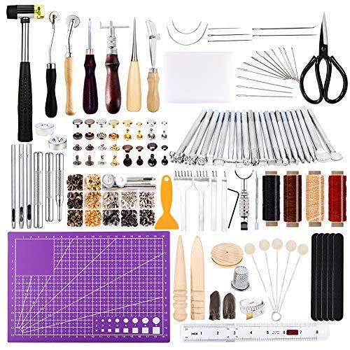 Mayboos 183pcs leather kit,leathercraft working tool kit with saddle making tools set,leather rivets kit,prong punch,leather hammer for