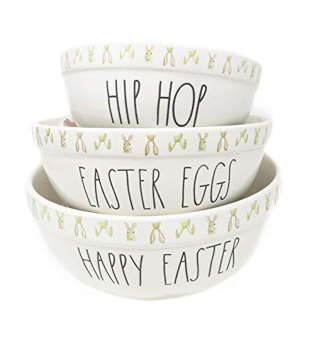 R D rae dunn by magenta 3 piece hip hop + easter eggs + happy easter ceramic ll nesting serving mixing bowl set with bunny border