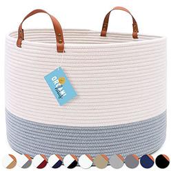 organihaus xxl extra large cotton rope basket w/real leather handles | wide 20"x13.3" woven blanket storage basket | decorative