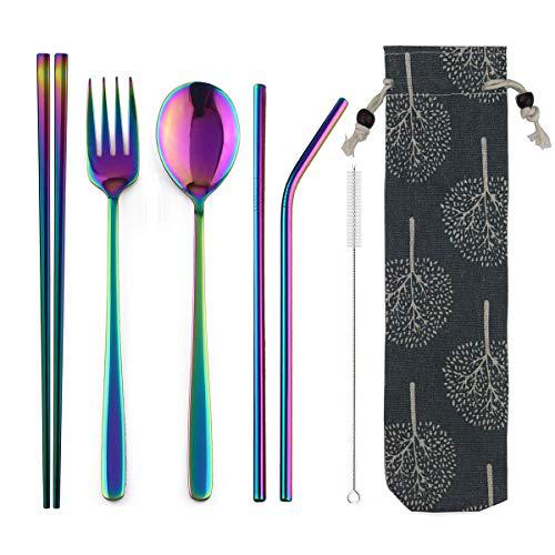 jankng 304 stainless steel flatware set reusable utensils set with straws portable travel for camping hiking,dishwasher safe,se