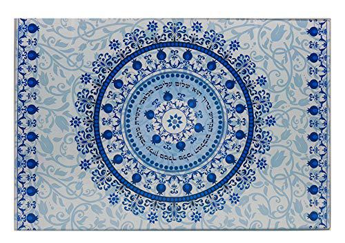 Talisman4U shabbat challah bread cutting board and tray blue pomegranate floral pattern tempered glass judaica gift
