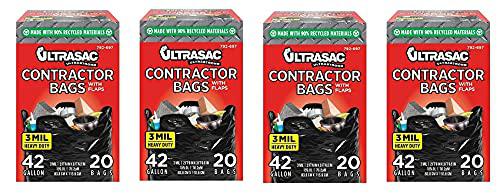 Aluf Plastics contractor bags by ultrasac - 42 gallon (20 pack /w flap ties), 2.9in. x 3.95in. - 3 mil thick large black heavy duty industria