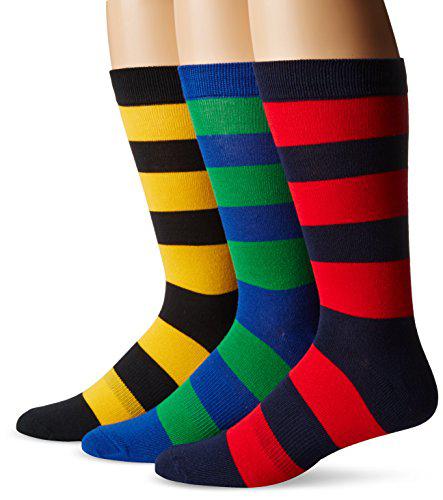 Ryuga k. bell socks men's striped casual crew socks (3 pair), navy, shoe size: 6-12