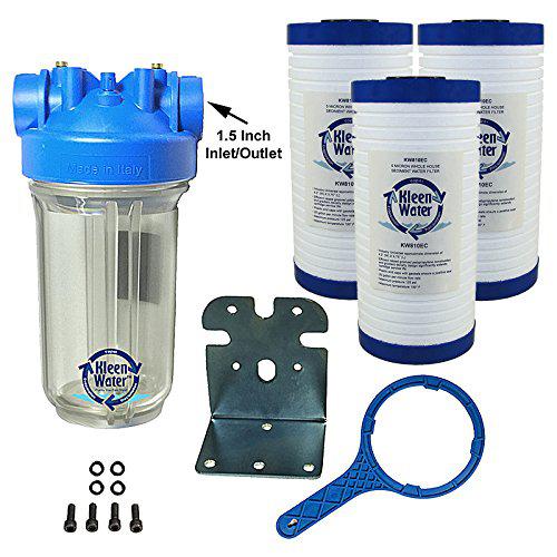 kleenwater premier whole house water filter system - 1.5 inch inlet/outlet - transparent housing - 20 gpm with bracket, wrench