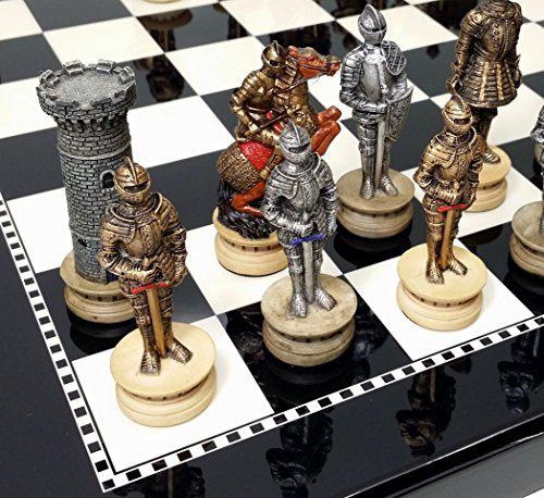 IQ Toys medieval times crusades gold & silver warrior knights chess set w/ 15" high gloss black & white board