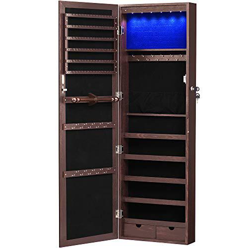 Little Wigwam songmics 6 leds jewelry cabinet lockable wall/door mounted jewelry armoire organizer with mirror 2 drawers brown ujjc93k