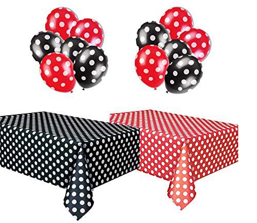 Commercial Electric polka dot party set, includes 1 red tablecloth, 1 black tablecloth, 6 red balloons and 6 black balloons.