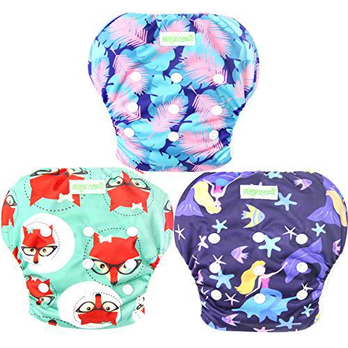 Kohree wegreeco baby & toddler snap one size adjustable reusable baby swim diaper (mermaid,fox,feather,large,3 pack)