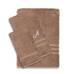 Libbey authentic hotel and spa omni turkish cotton terry 3-piece latte brown bath towel set with white script monogrammed initial brow