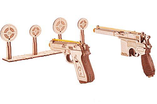 Soho Designs wood trick wooden toy guns set with targets shooting range, pistol toy guns for kids set - m9 & mouser - 3d wooden puzzle, asse