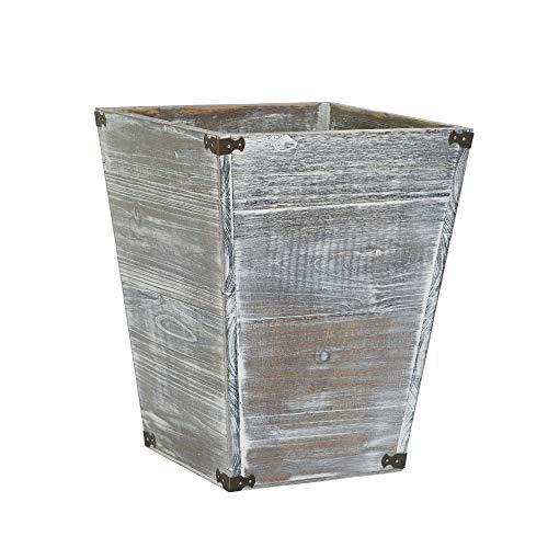 BESUNTEK vergoodr gray farmhouse style torched wood square waste bin with decorative metal brackets trash can for bedroom,living room, b
