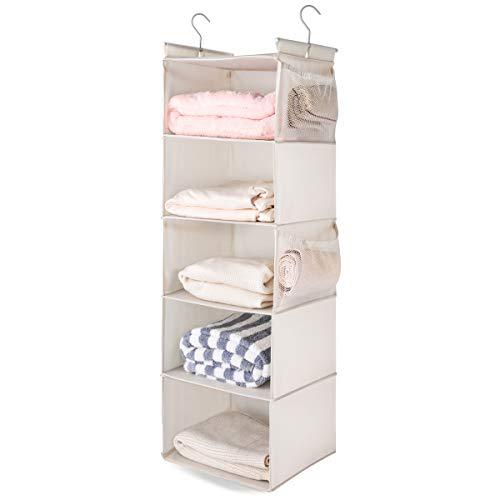 SuperDee Corp max houser 5 shelf hanging closet organizer,space saver, cloth hanging shelves with (4) side pockets,foldable, (beige)