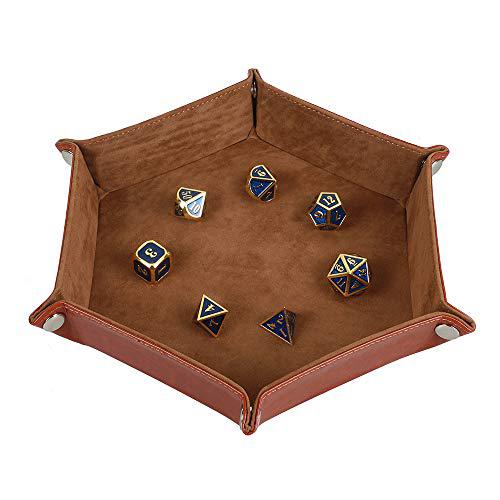 inusitus dice tray metal dice rolling tray holder storage box for rpg dnd table games, double sided folding thick pu leather and high-cl