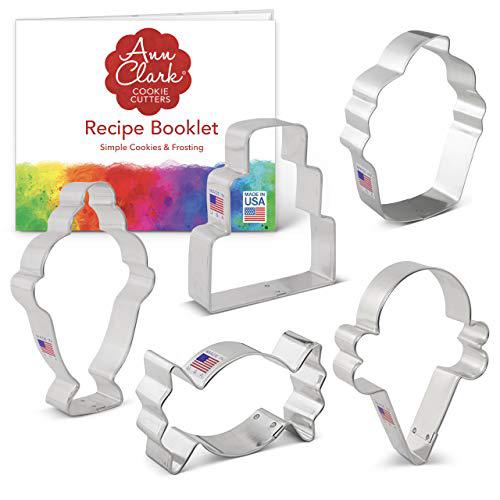 Garosa ann clark cookie cutters 5-piece candy and sweets cookie cutter set with recipe booklet, candy, cupcake, ice cream cone, cake,