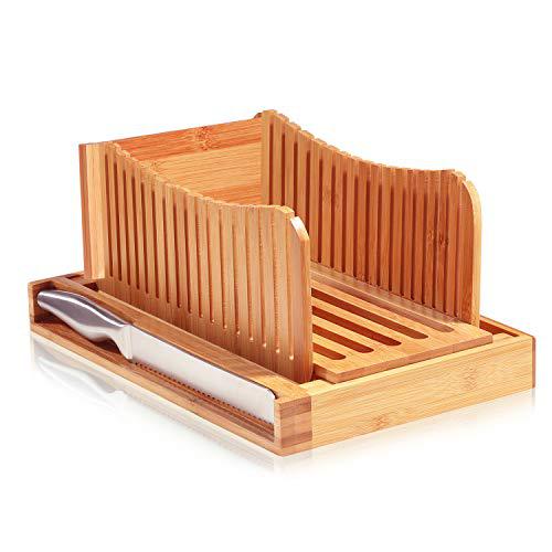 ANHAN RNAB077TK2H2B bambusi bread slicer cutting guide with knife - organic  bamboo bread cutter for homemade bread, loaf cakes, bagels - foldable a