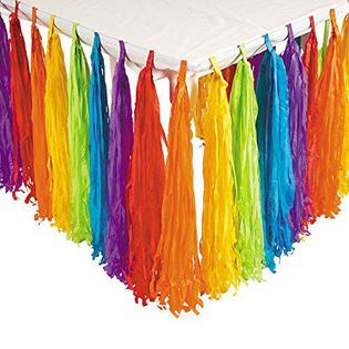 Fun Express rainbow fringe table skirt (9 feet) birthday party decor, colorful decorations for classroom, parade float supplies