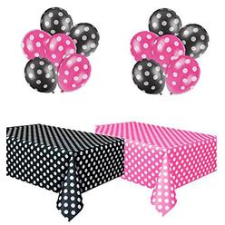 kedudes polka dot party set, includes 1 hot pink tablecloth, 1 black tablecloth, 6 hot pink balloons and 6 black balloons.
