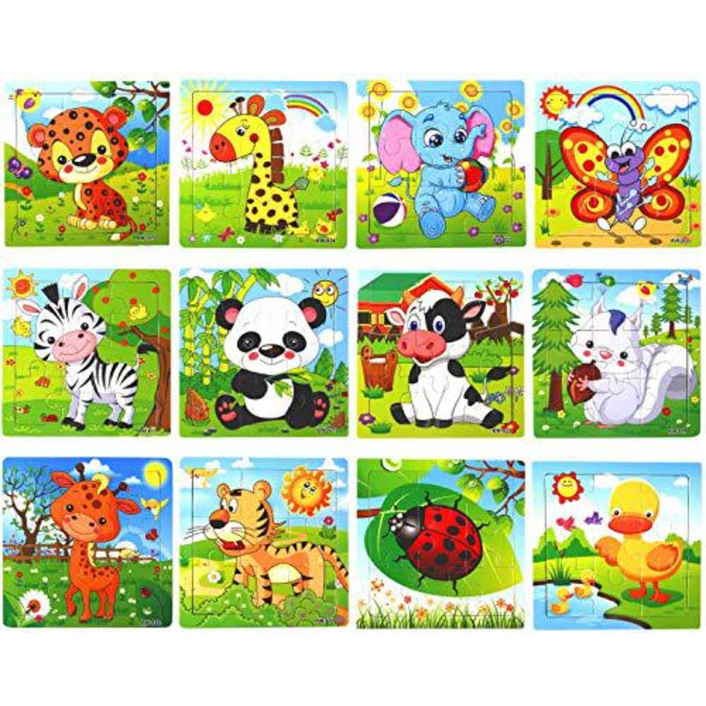 sannix 12 pack jigsaw puzzles for toddlers wooden animals jigsaw puzzles 9 pcs with 12 organize bags for kids ages 2 3 4 5 pr