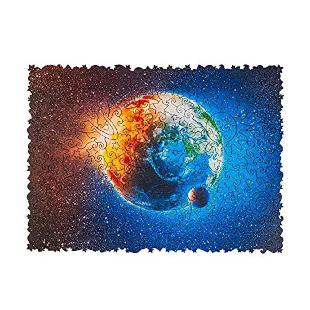 unidragon wooden puzzle jigsaw, best gift for adults and kids, unique shape jigsaw pieces space planet earth, 12.2 x 9 inches
