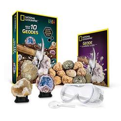 national geographic break open 10 premium geodes - includes goggles, detailed learning guide & 2 display stands - great stem 