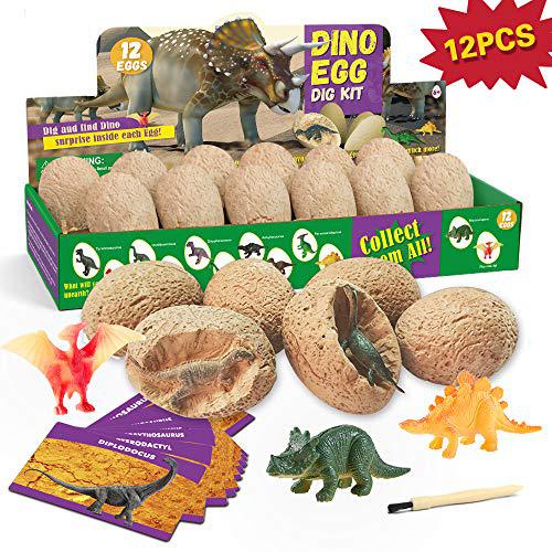 XXTOYS Dino Egg Dig Kit Dinosaur Eggs 12 Dinosaur Excavation Kits with 12 Unique Dinosaur Toys Dinosaur Dig for Kids Easter