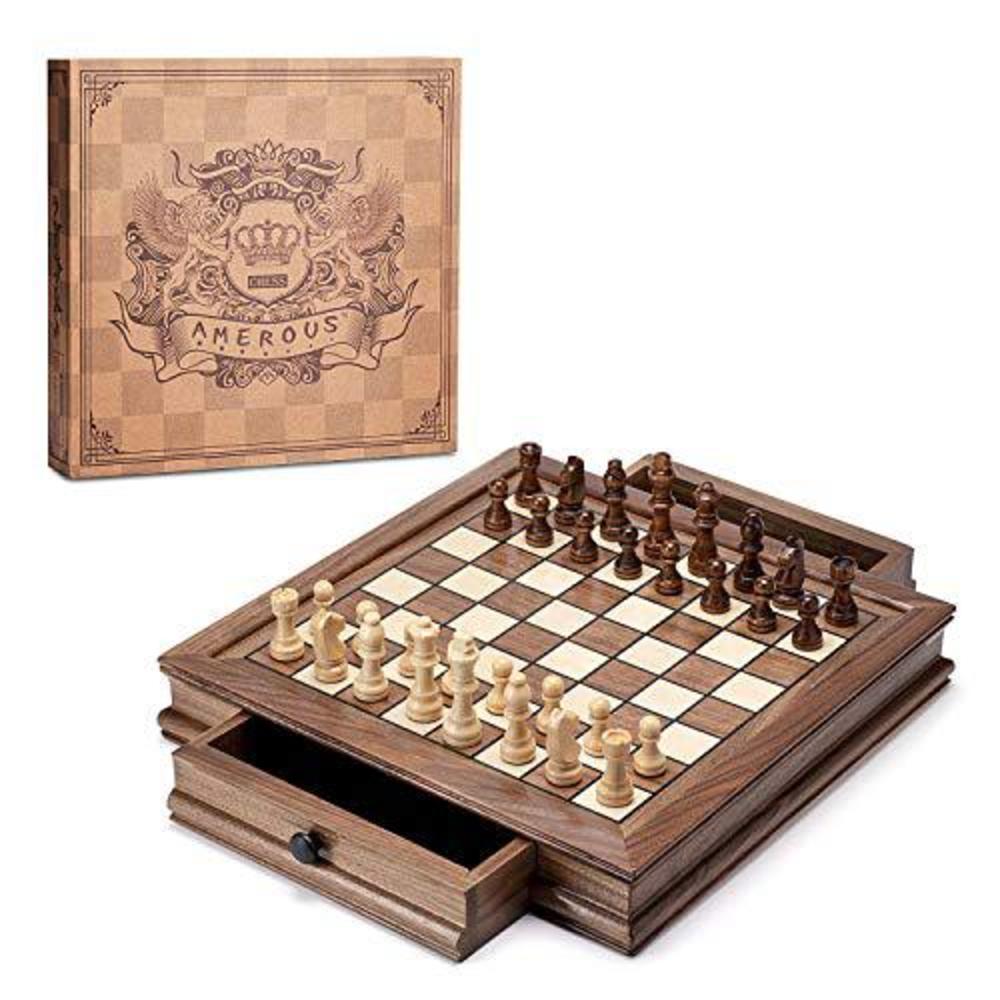 amerous magnetic wooden chess set, 12.8" x 12.8" chess board game with 2 built-in storage drawers - 2 bonus extra queens - ch