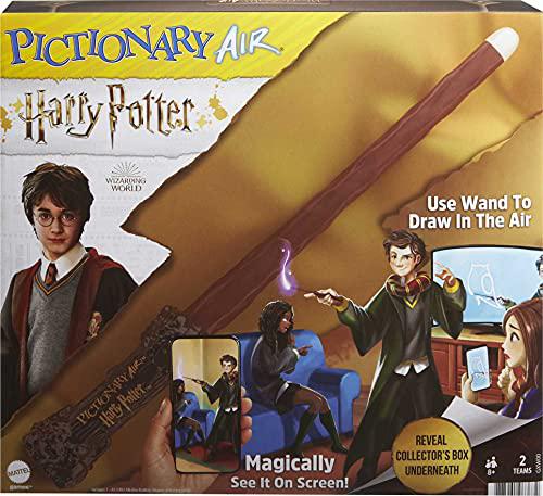 Mattel pictionary air harry potter family drawing game, wand pen, 112 double-sided clue cards with picture bonus clues, trunk card h
