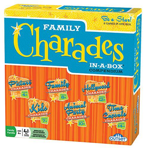 Outset Media charades party game - family charades-in-a-box compendium board game - features 6 themes, 360 cards, spinner, and sand-timer 