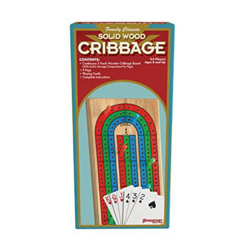 Pressman Toy family classics cribbage - solid wood continuous 3 track board with built-in storage compartment for pegs