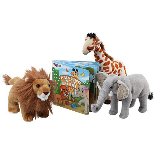 Dazmers Safari Animals Plush and Book Set - Stuffed Animals of 3 Savanna Animals Storybook- 12A Set Includes Lion giraffe and El