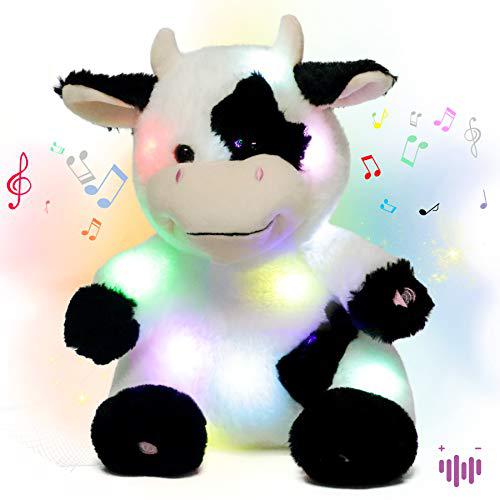Hopearl hopearl led musical stuffed cow light up singing plush toy  adjustable volume lullaby animated soothe birthday gifts for kids